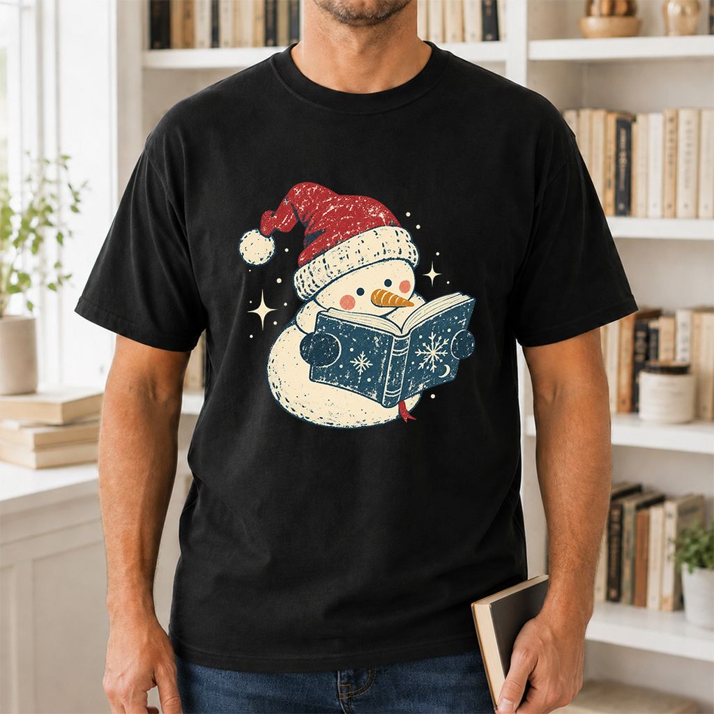 Reading Snowman Christmas Printed T-Shirt | Cozy Christmas Reader Gift Black