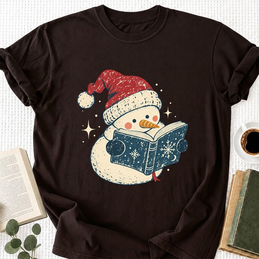 Reading Snowman Christmas Printed T-Shirt | Cozy Christmas Reader Gift Dark Chocolate