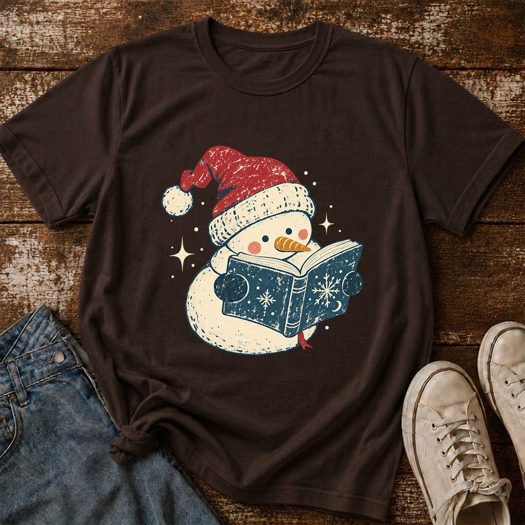Reading Snowman Christmas Printed T-Shirt | Cozy Christmas Reader Gift Dark Chocolate