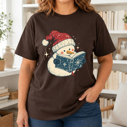 Reading Snowman Christmas Printed T-Shirt | Cozy Christmas Reader Gift Dark Chocolate