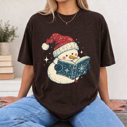 Reading Snowman Christmas Printed T-Shirt | Cozy Christmas Reader Gift Dark Chocolate