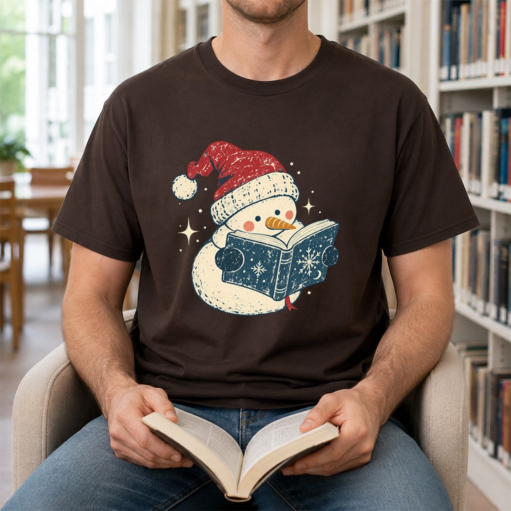 Reading Snowman Christmas Printed T-Shirt | Cozy Christmas Reader Gift Dark Chocolate