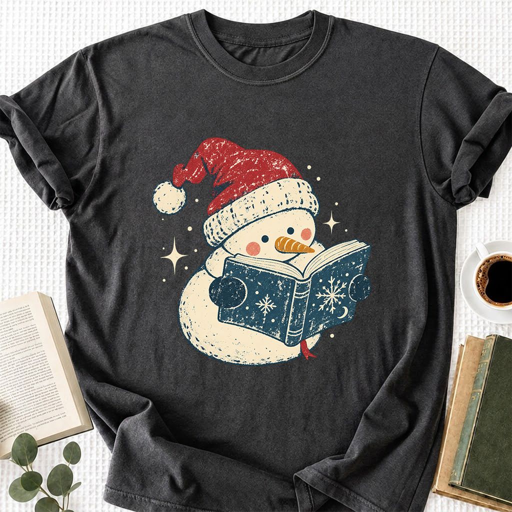 Reading Snowman Christmas Printed T-Shirt | Cozy Christmas Reader Gift Dark Heather