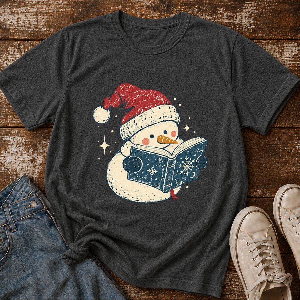 Reading Snowman Christmas Printed T-Shirt | Cozy Christmas Reader Gift Dark Heather