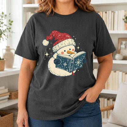 Reading Snowman Christmas Printed T-Shirt | Cozy Christmas Reader Gift Dark Heather