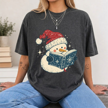 Reading Snowman Christmas Printed T-Shirt | Cozy Christmas Reader Gift Dark Heather