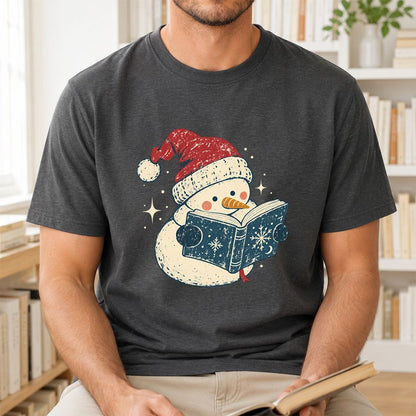 Reading Snowman Christmas Printed T-Shirt | Cozy Christmas Reader Gift Dark Heather