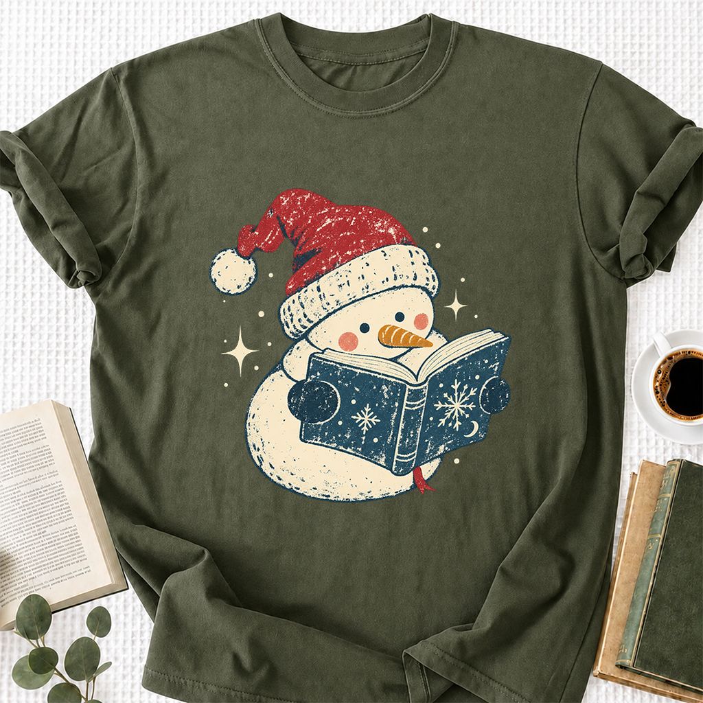 Reading Snowman Christmas Printed T-Shirt | Cozy Christmas Reader Gift Military Green