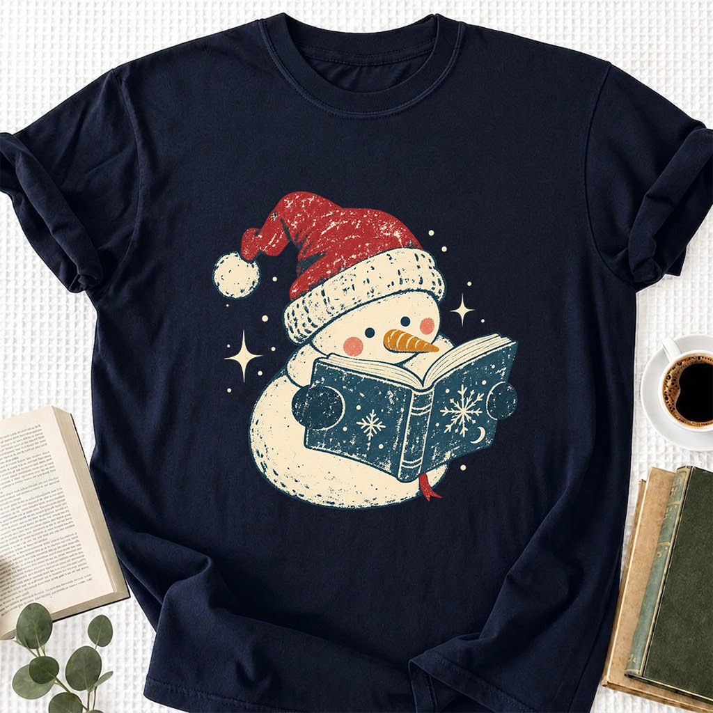 Reading Snowman Christmas Printed T-Shirt | Cozy Christmas Reader Gift Navy