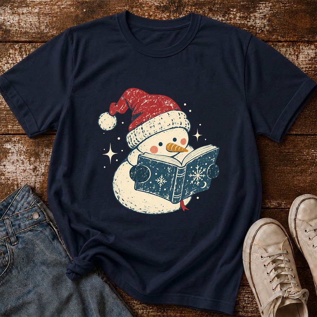 Reading Snowman Christmas Printed T-Shirt | Cozy Christmas Reader Gift Navy