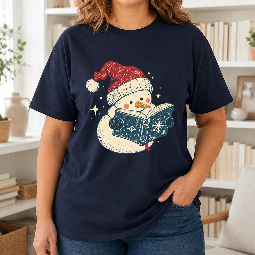 Reading Snowman Christmas Printed T-Shirt | Cozy Christmas Reader Gift Navy
