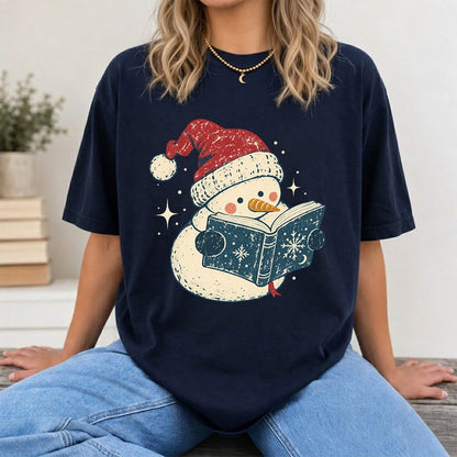 Reading Snowman Christmas Printed T-Shirt | Cozy Christmas Reader Gift Navy