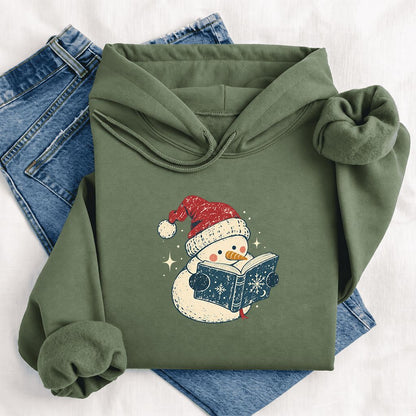 Reading Snowman Christmas Softstyle Hoodie | Cozy Christmas Reader Gift Military Green