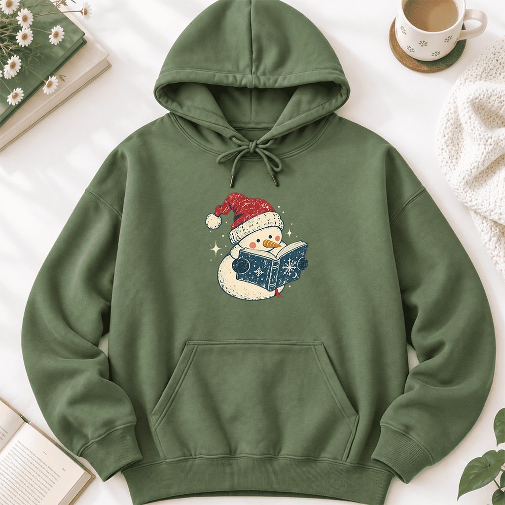Reading Snowman Christmas Softstyle Hoodie | Cozy Christmas Reader Gift Military Green