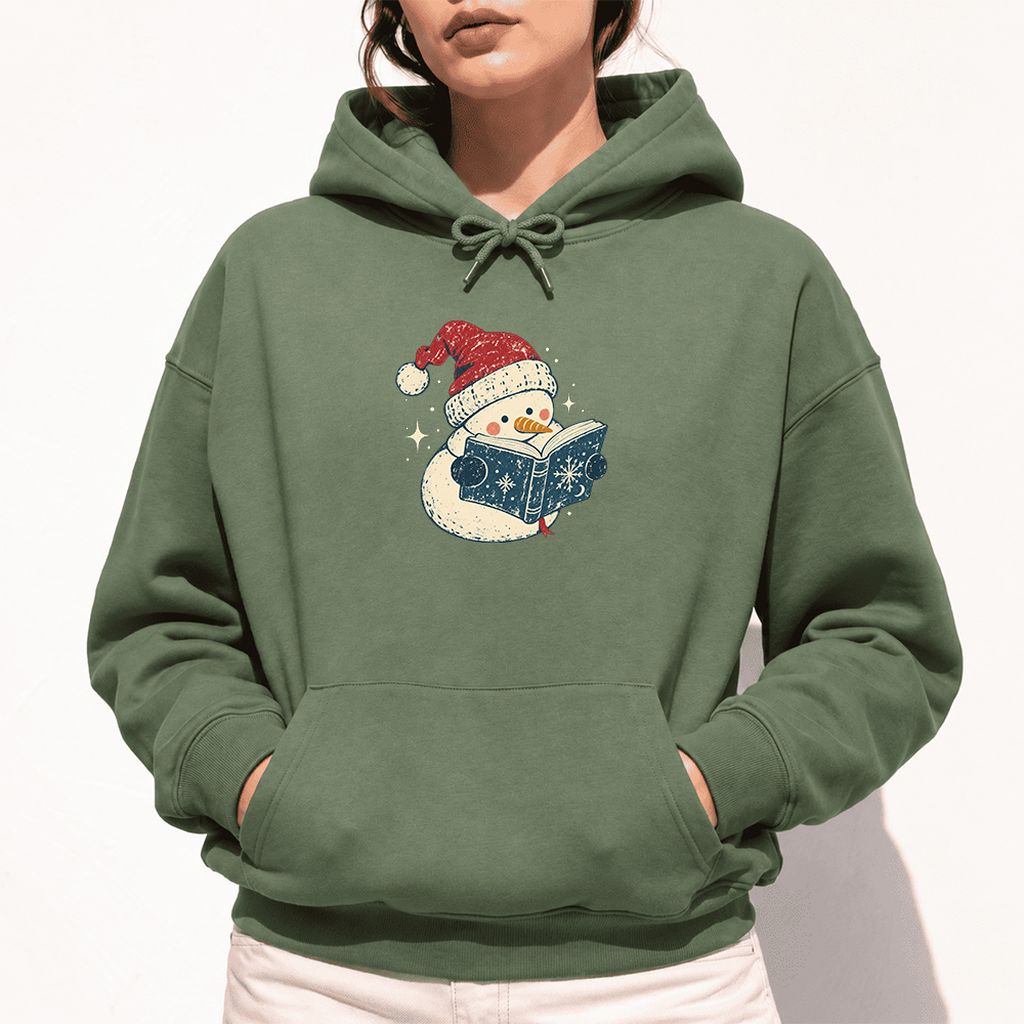 Reading Snowman Christmas Softstyle Hoodie | Cozy Christmas Reader Gift Military Green