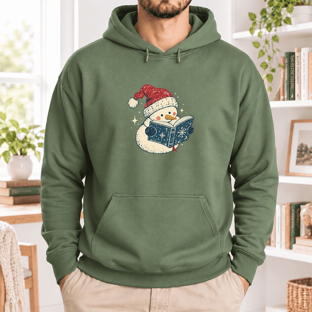 Reading Snowman Christmas Softstyle Hoodie | Cozy Christmas Reader Gift Military Green