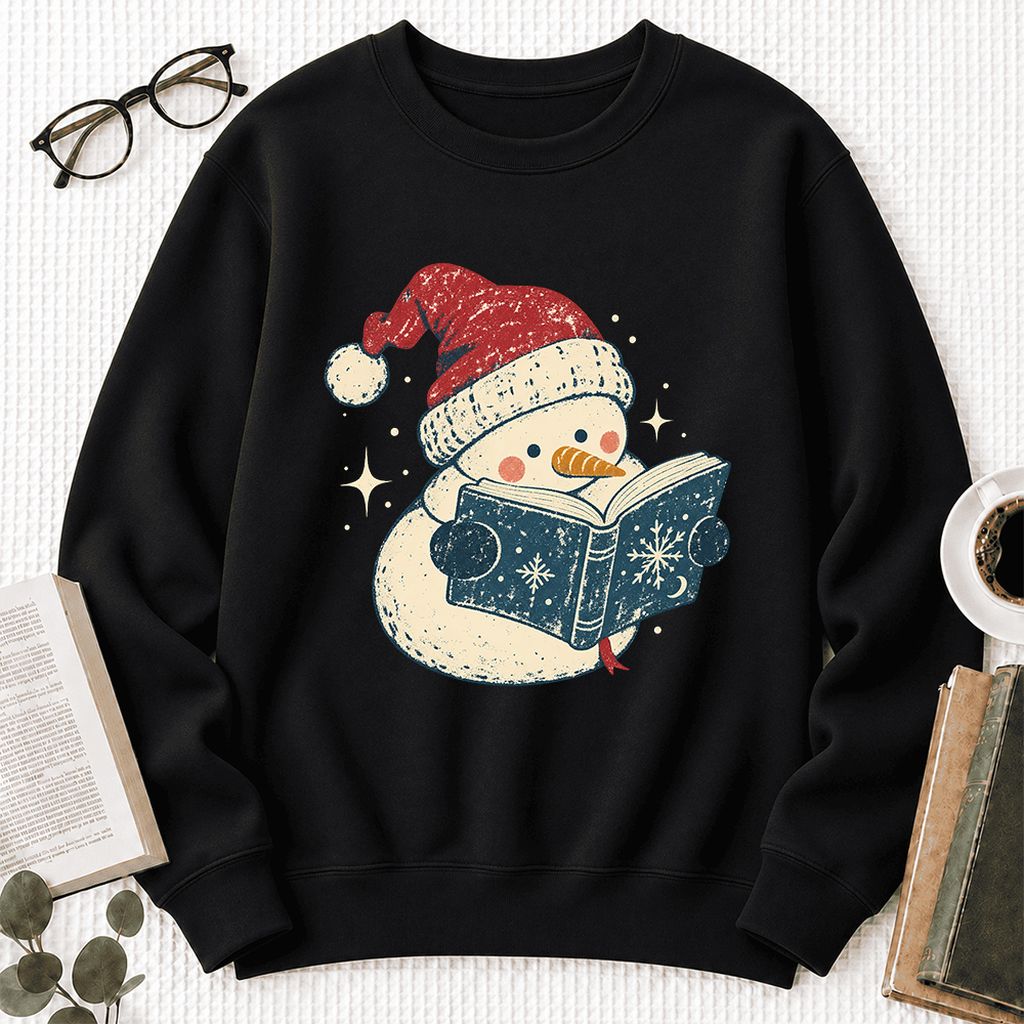 Reading Snowman Christmas Softstyle Sweatshirt | Cozy Christmas Reader Gift Black