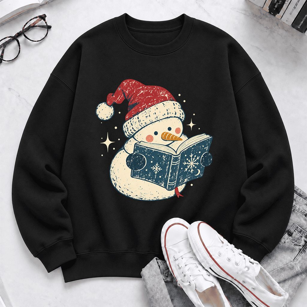 Reading Snowman Christmas Softstyle Sweatshirt | Cozy Christmas Reader Gift Black