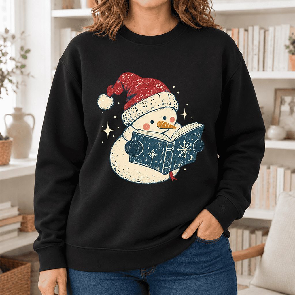 Reading Snowman Christmas Softstyle Sweatshirt | Cozy Christmas Reader Gift Black