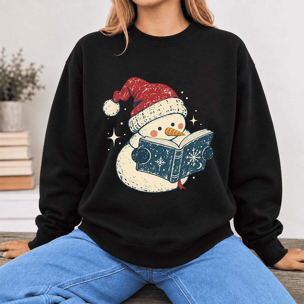 Reading Snowman Christmas Softstyle Sweatshirt | Cozy Christmas Reader Gift Black