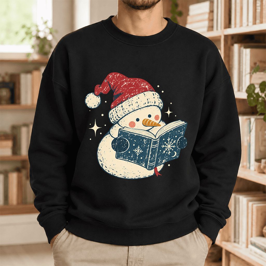 Reading Snowman Christmas Softstyle Sweatshirt | Cozy Christmas Reader Gift Black