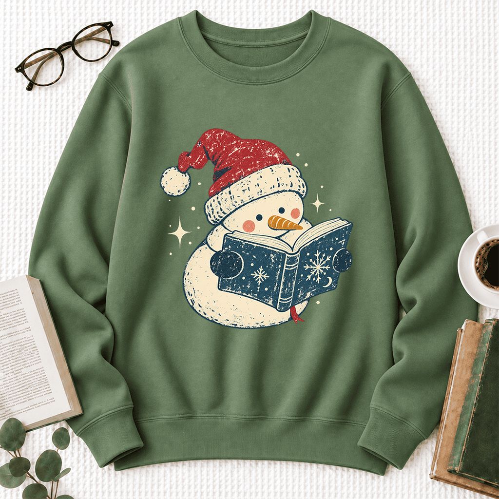 Reading Snowman Christmas Softstyle Sweatshirt | Cozy Christmas Reader Gift Military Green