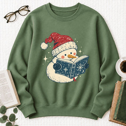 Reading Snowman Christmas Softstyle Sweatshirt | Cozy Christmas Reader Gift Military Green