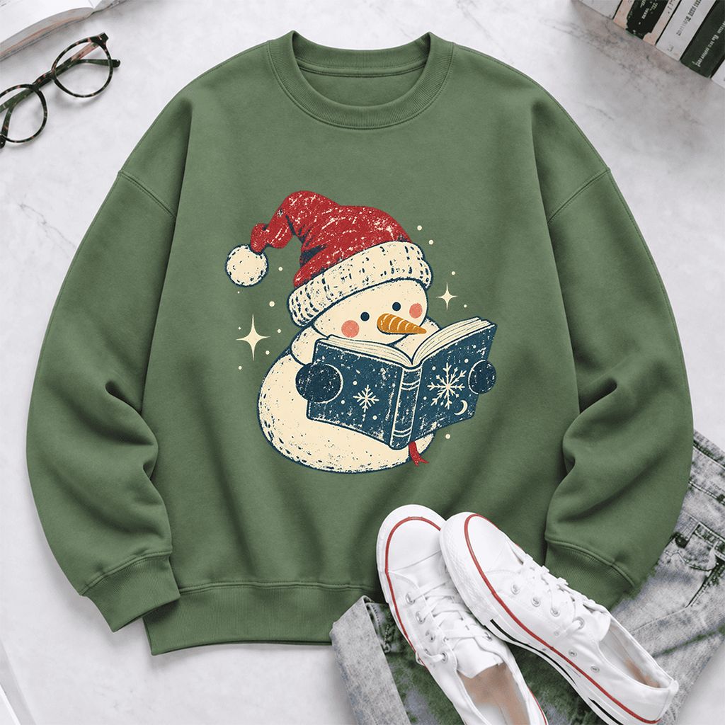 Reading Snowman Christmas Softstyle Sweatshirt | Cozy Christmas Reader Gift Military Green
