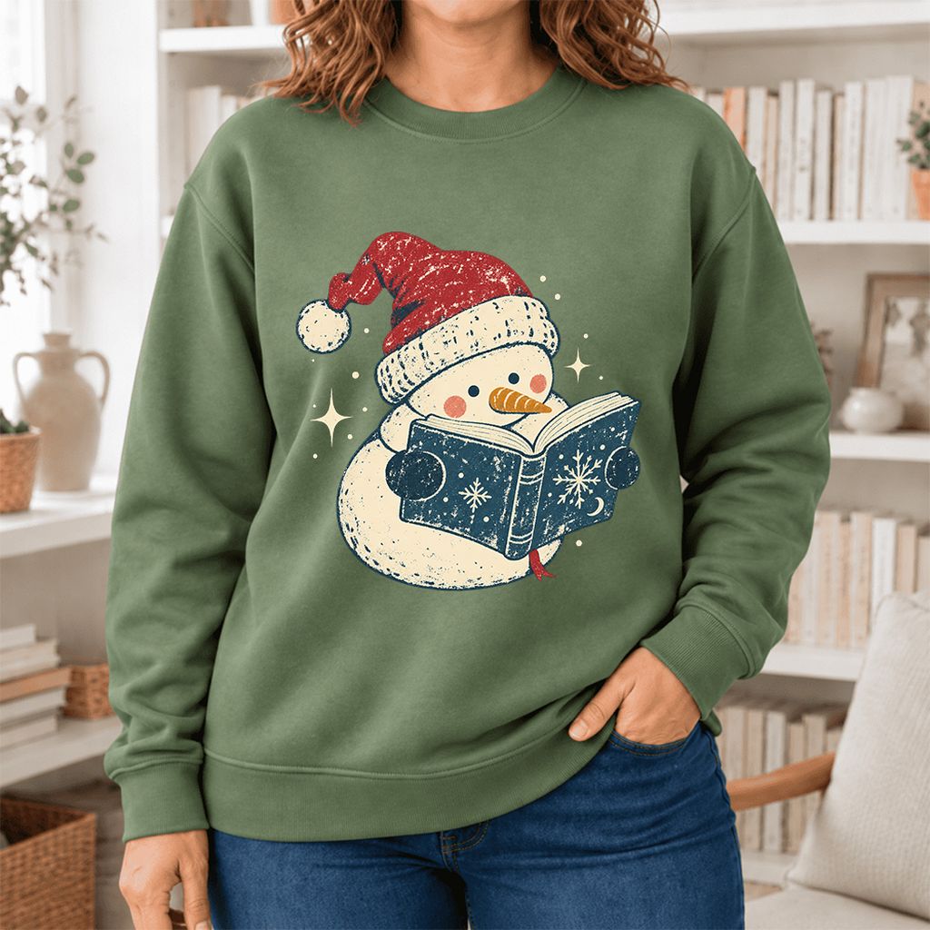 Reading Snowman Christmas Softstyle Sweatshirt | Cozy Christmas Reader Gift Military Green