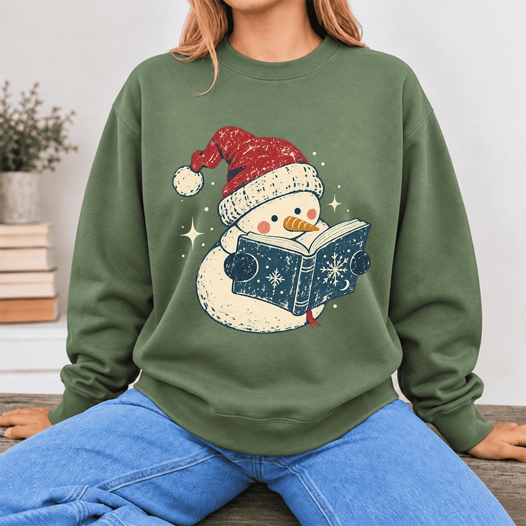 Reading Snowman Christmas Softstyle Sweatshirt | Cozy Christmas Reader Gift Military Green