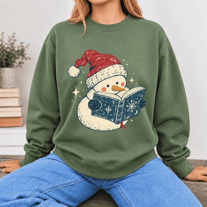 Reading Snowman Christmas Softstyle Sweatshirt | Cozy Christmas Reader Gift Military Green