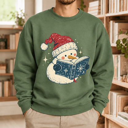 Reading Snowman Christmas Softstyle Sweatshirt | Cozy Christmas Reader Gift Military Green