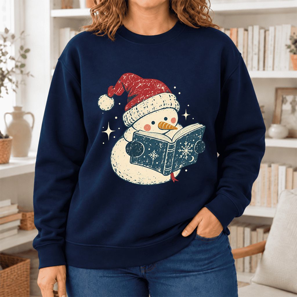 Reading Snowman Christmas Softstyle Sweatshirt | Cozy Christmas Reader Gift Navy