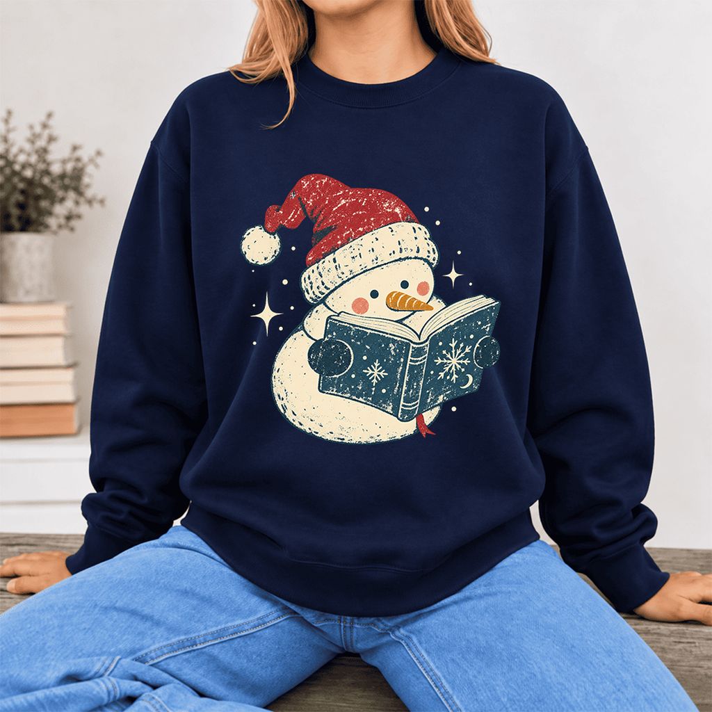 Reading Snowman Christmas Softstyle Sweatshirt | Cozy Christmas Reader Gift Navy