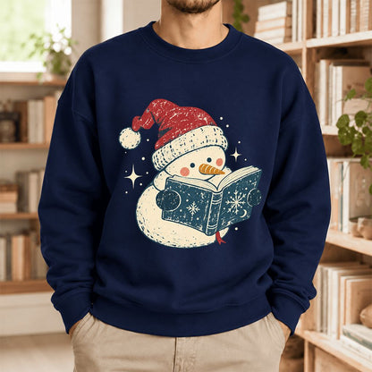 Reading Snowman Christmas Softstyle Sweatshirt | Cozy Christmas Reader Gift Navy