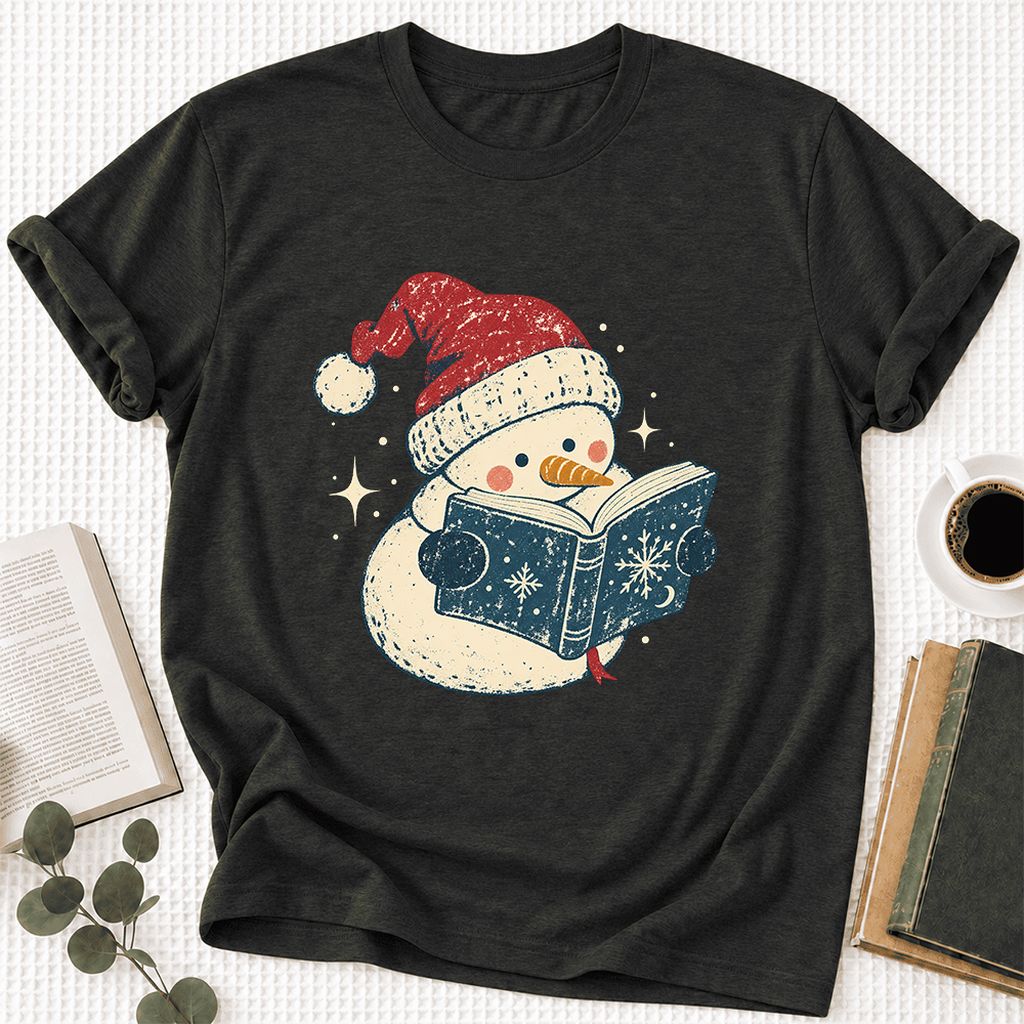 Reading Snowman Christmas Ultra-Soft Cotton T-Shirt | Cozy Christmas Reader Gift Black Heather