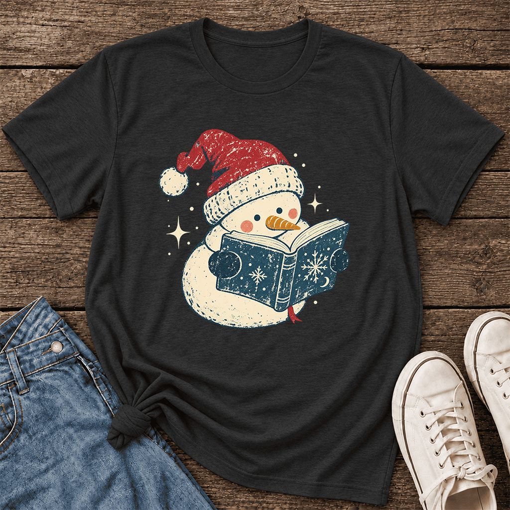 Reading Snowman Christmas Ultra-Soft Cotton T-Shirt | Cozy Christmas Reader Gift Black Heather