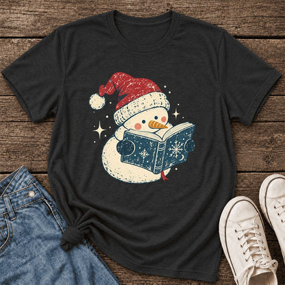 Reading Snowman Christmas Ultra-Soft Cotton T-Shirt | Cozy Christmas Reader Gift Black Heather