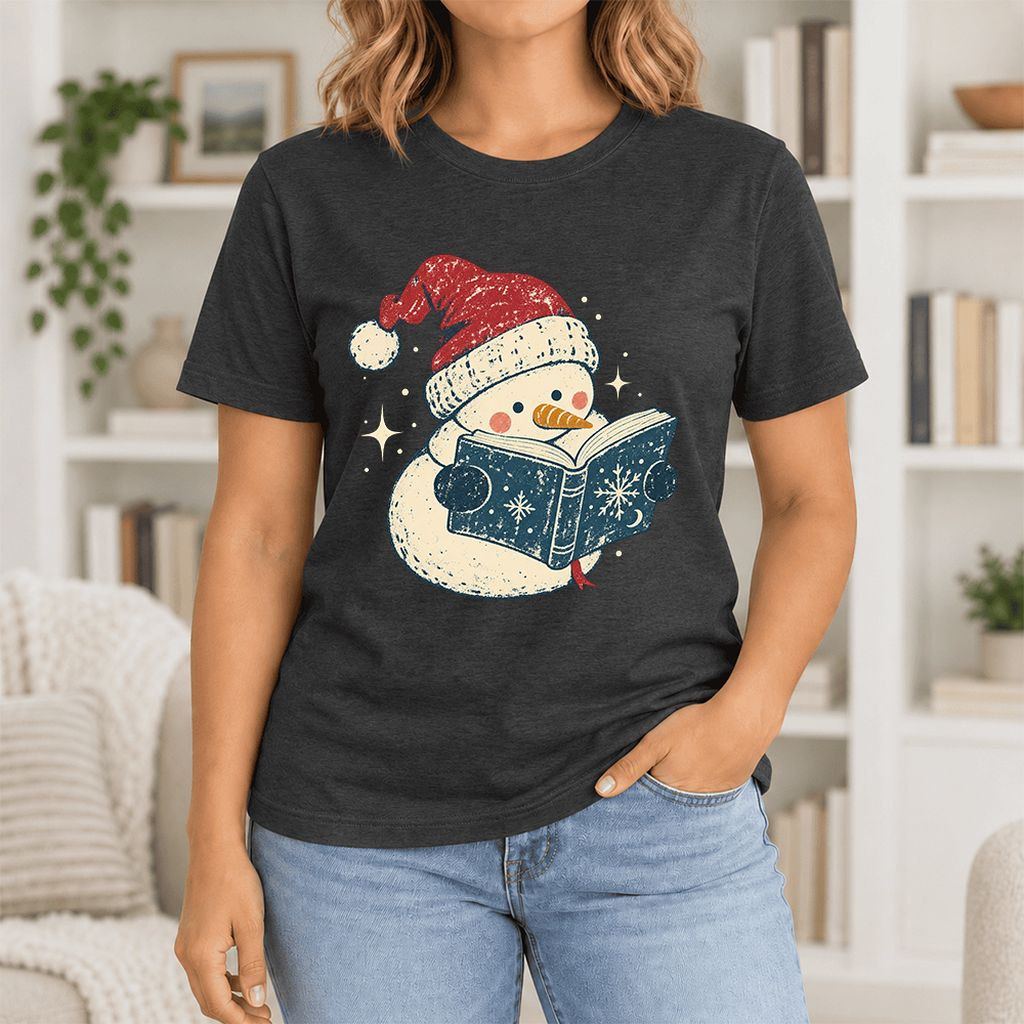 Reading Snowman Christmas Ultra-Soft Cotton T-Shirt | Cozy Christmas Reader Gift Black Heather