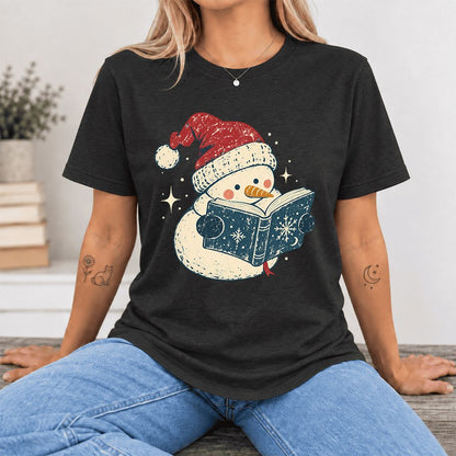 Reading Snowman Christmas Ultra-Soft Cotton T-Shirt | Cozy Christmas Reader Gift Black Heather