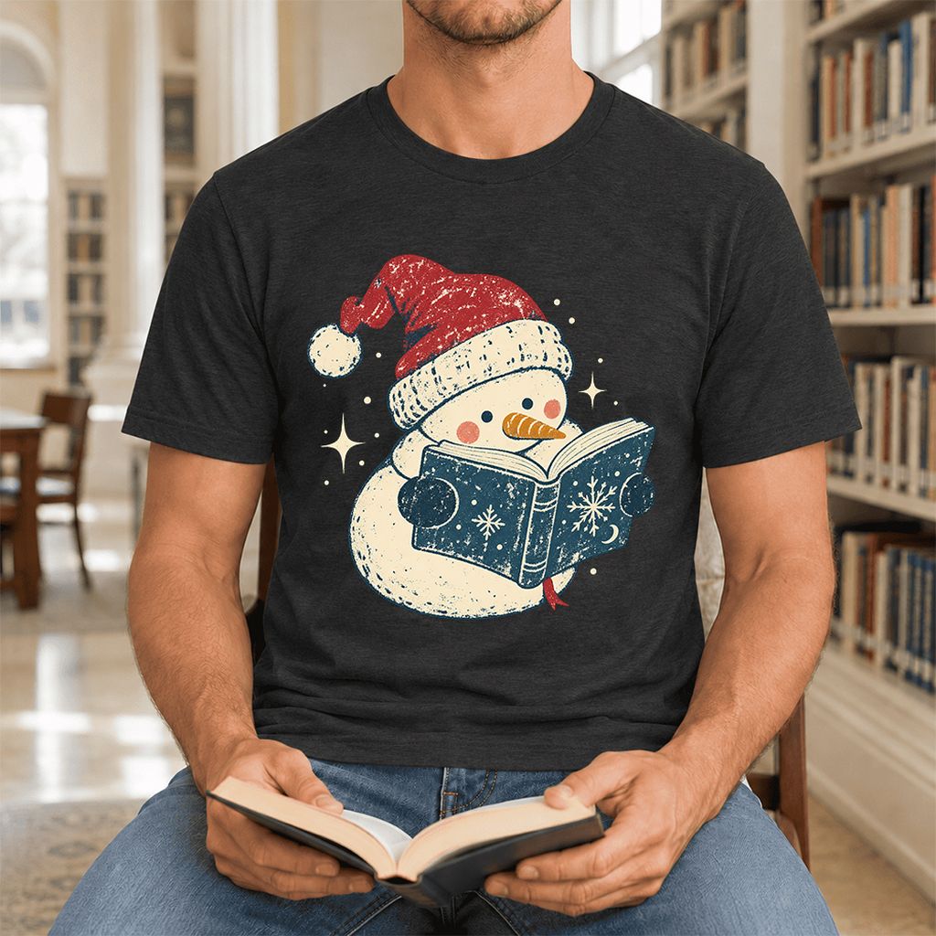 Reading Snowman Christmas Ultra-Soft Cotton T-Shirt | Cozy Christmas Reader Gift Black Heather