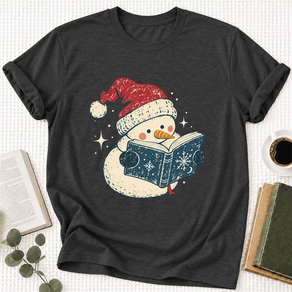 Reading Snowman Christmas Ultra-Soft Cotton T-Shirt | Cozy Christmas Reader Gift Dark Grey Heather