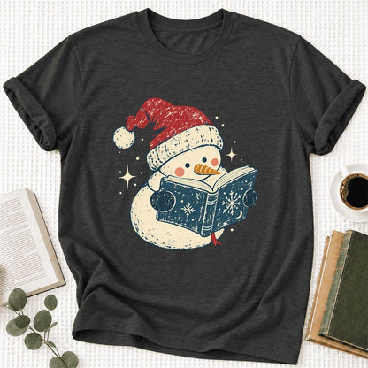 Reading Snowman Christmas Ultra-Soft Cotton T-Shirt | Cozy Christmas Reader Gift Dark Grey Heather