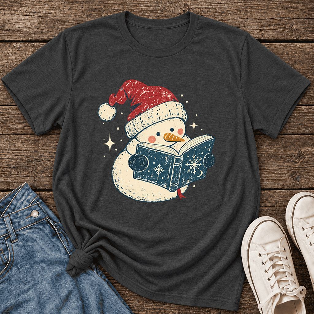 Reading Snowman Christmas Ultra-Soft Cotton T-Shirt | Cozy Christmas Reader Gift Dark Grey Heather