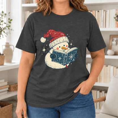 Reading Snowman Christmas Ultra-Soft Cotton T-Shirt | Cozy Christmas Reader Gift Dark Grey Heather