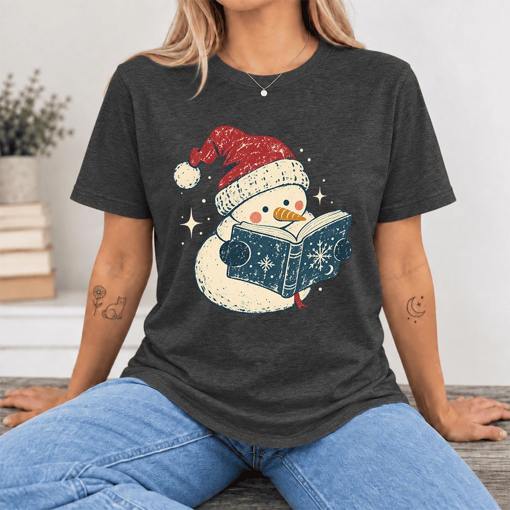 Reading Snowman Christmas Ultra-Soft Cotton T-Shirt | Cozy Christmas Reader Gift Dark Grey Heather