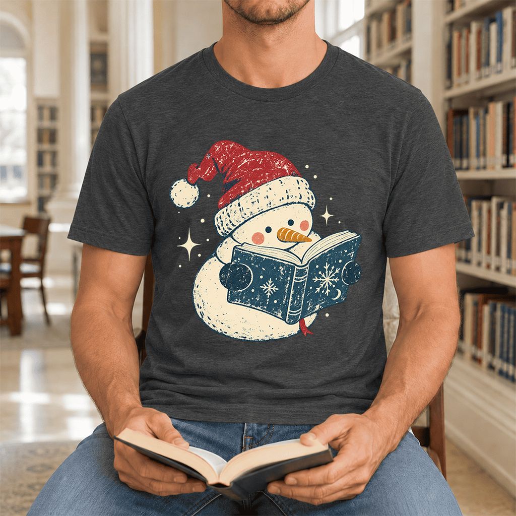Reading Snowman Christmas Ultra-Soft Cotton T-Shirt | Cozy Christmas Reader Gift Dark Grey Heather