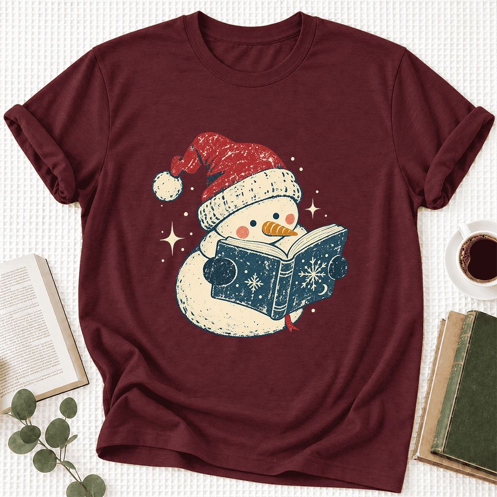 Reading Snowman Christmas Ultra-Soft Cotton T-Shirt | Cozy Christmas Reader Gift Maroon