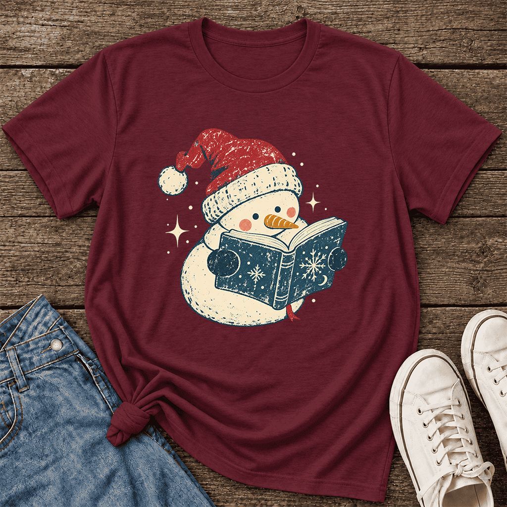 Reading Snowman Christmas Ultra-Soft Cotton T-Shirt | Cozy Christmas Reader Gift Maroon