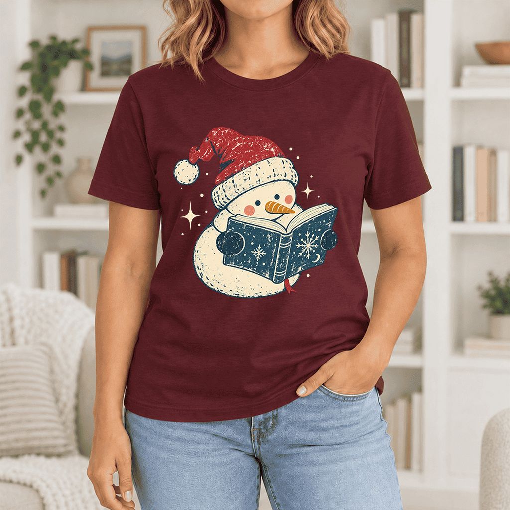 Reading Snowman Christmas Ultra-Soft Cotton T-Shirt | Cozy Christmas Reader Gift Maroon